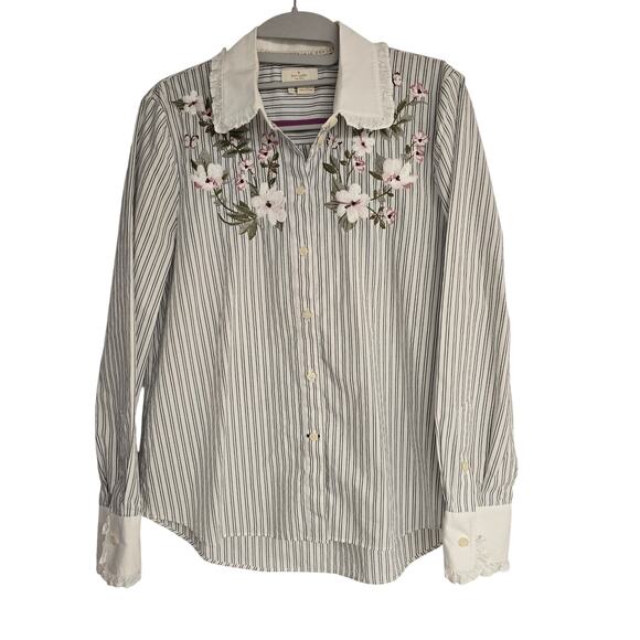 Women's Kate Spade Striped Button Down Embroidered Floral Ruffle Collar | Size S - Picture 1 of 11